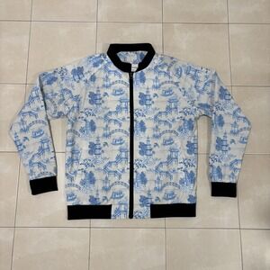 Kintsugi Bomber Jacket Antique Asian Culture Mens L White Blue Track RARE Y2k